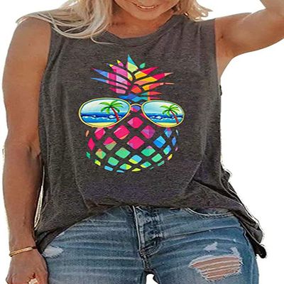Womens Tank Tops Summer Graphic Sleeveless Tshirt, Pineapple Dark Grey, 3XL