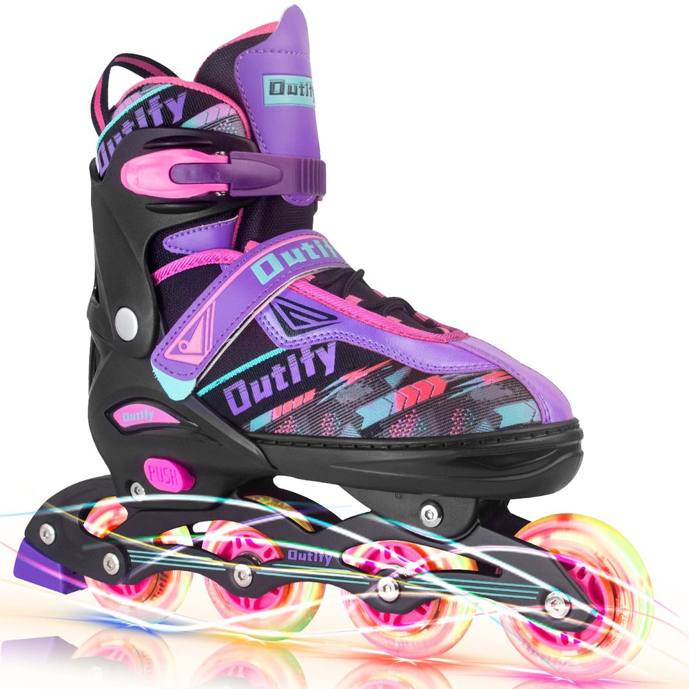 Outify Inline Skates for Kids Adult and Teenagers, Adjustable Inline Skates with Light up Wheels , Women Roller Skates Outdoor and Indoor, Black-Pink