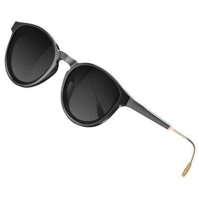 ATTCL Womens Round Classic Polarized Sunglasses for Women Retro Trendy UV400 Sunnies 3033 C1 Black+grey