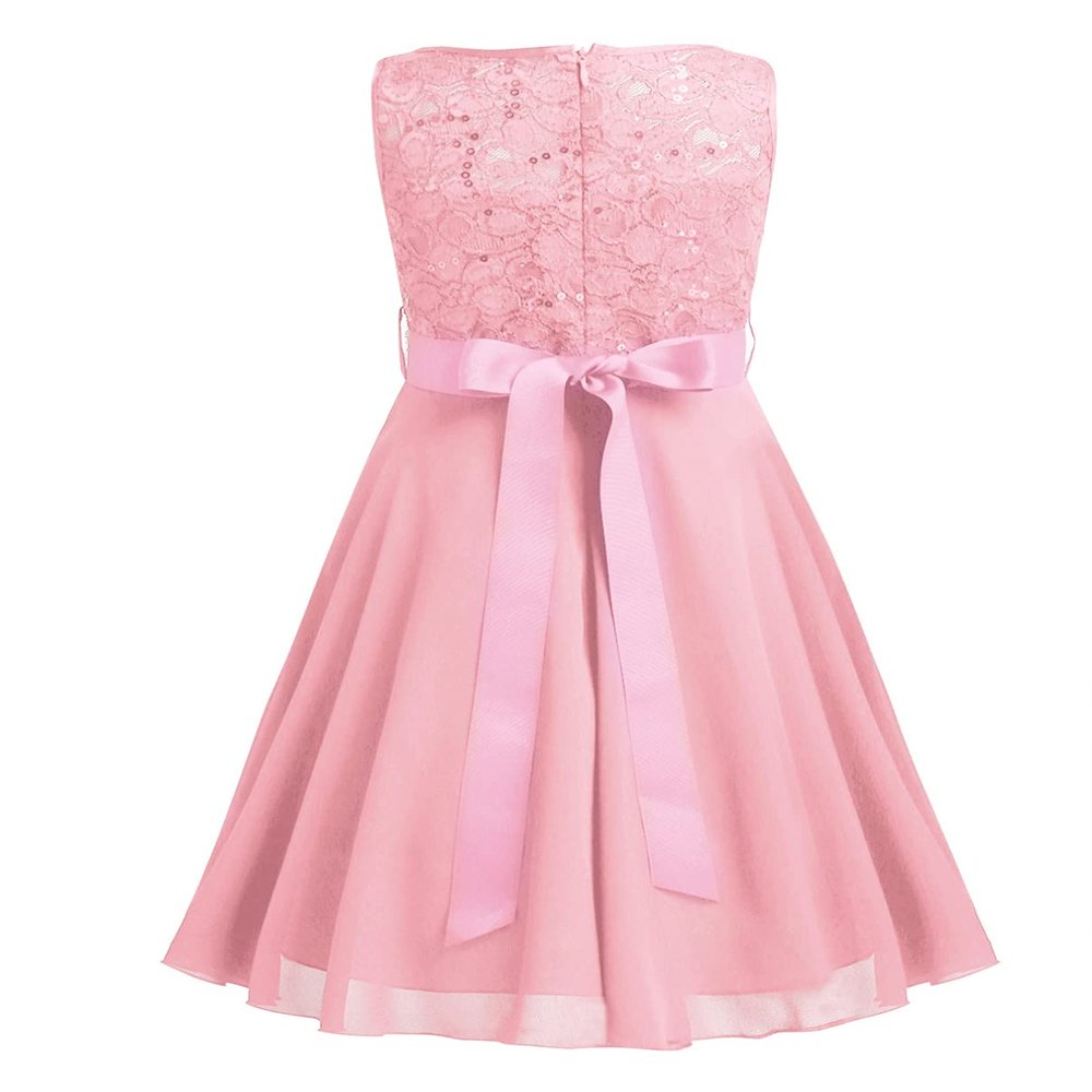 Sywiyi Kids Girls Shiny Sequins Sleeveless Floral Lace Pageant Wedding Party Flower Girls Dress Pearl Pink 10 Years
