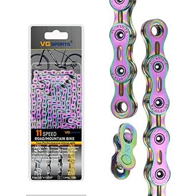 VG SPORTS 6/7/8/9/10/11 Speed Bike Chains,Half Hollow/Full Hollow Lightweight Bicycle Chains for Road Bike/MTB/BMX,Silver/Gold/Titanium/Rainbow 116 Links with Missing Link