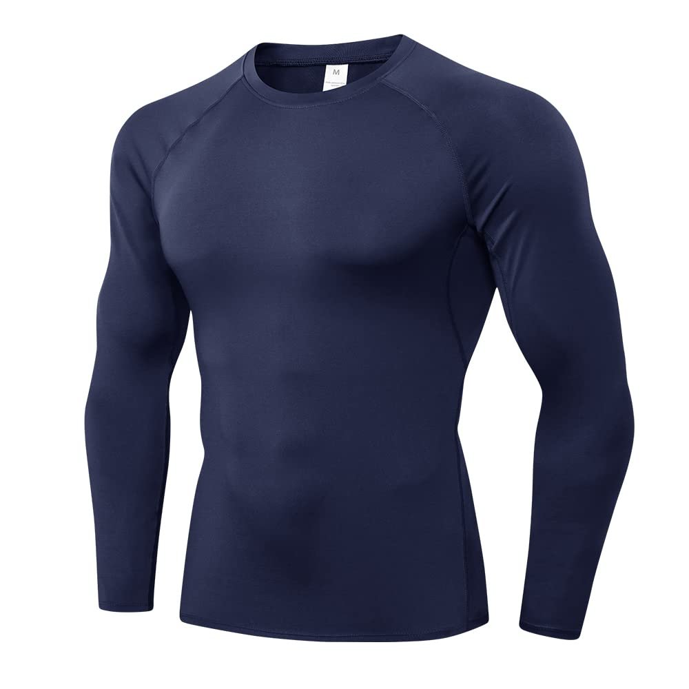 EARGFM Men's Compression Shirt Long Sleeve Athletic Base Layer Cool Dry Trainning Workout Running T-Shirt, Navy-1, X-Large