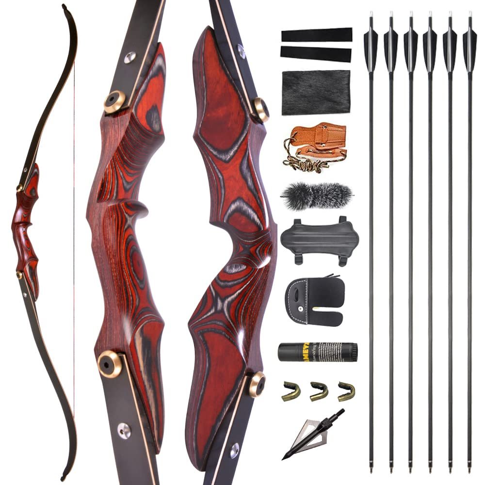 ZSHJGJR 58" ILF Recurve Bow and Arrow Set 20-50 Lbs Archery American Hunting Bow Wooden Bow Riser Right Handed for Adult/Youth Archery Hunting Target Shooting (30lbs, Red Bow Set)