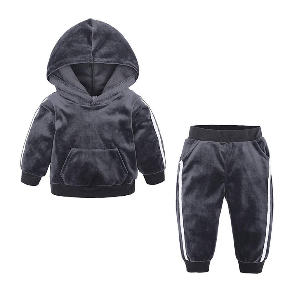 MOQIN Girls' Long Sleeved Fall Sports Casual Pure Color Velvet Hooded Sweater + Pants Two Piece Suit Sweatshirt Clothes Set (Gray, 2-3 Years)