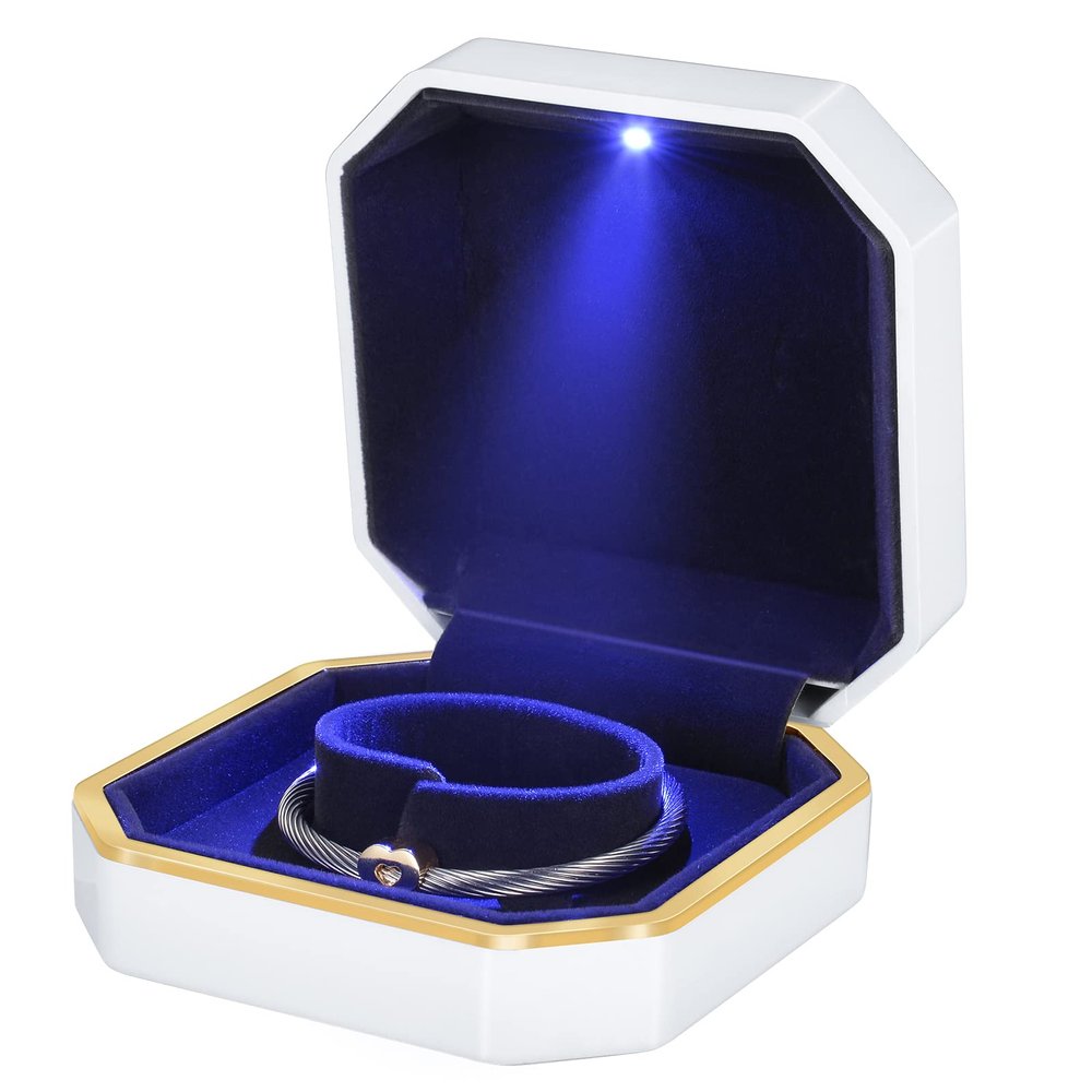 Joy.Box Luxury Bracelet Box, Velvet Jewelry Bangle Box Storage Case Organizer Holder with LED light for Display Proposal Engagement Wedding Valentine's Day (Bracelet White), White