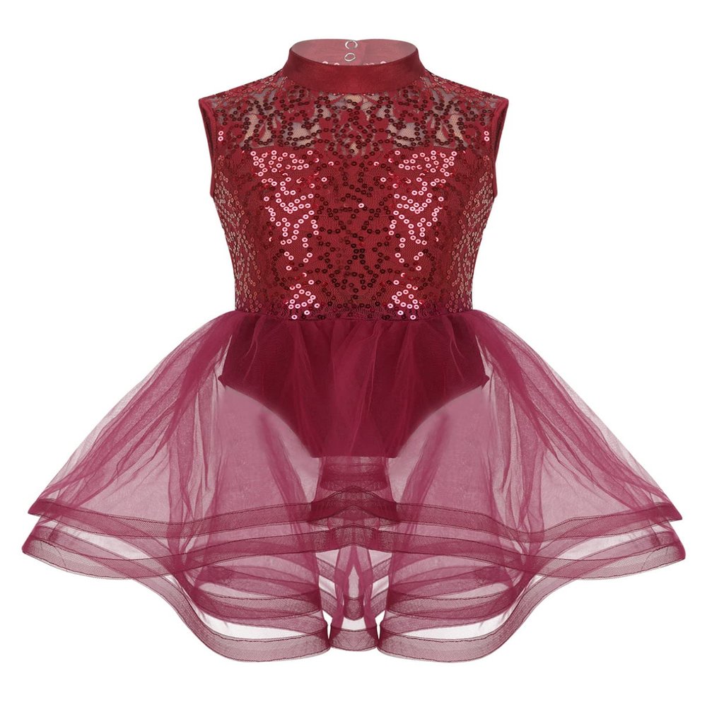 easyforever Kids Girls Basic Shiny Sequin Lyrical Skating Modern Dance Leotard Dress Halter Backless Tutu Skirt Costume Burgundy c 6 Years