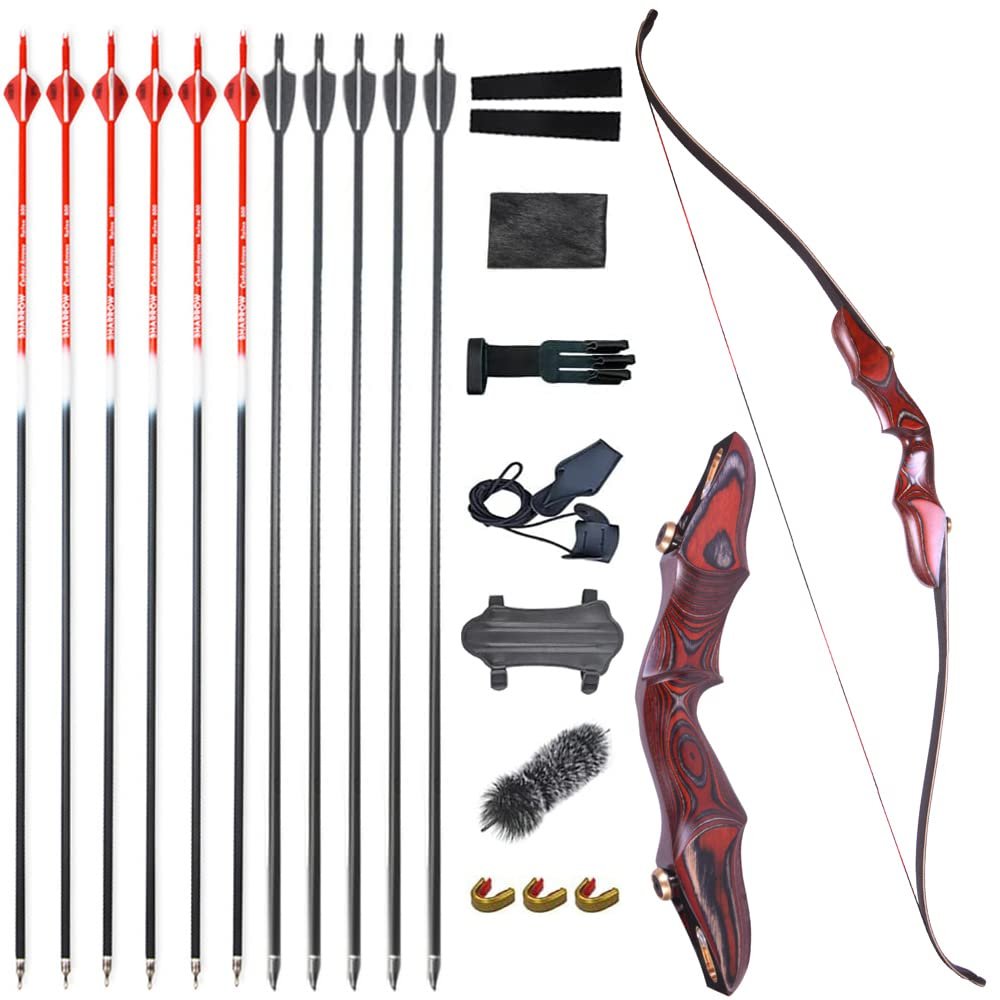 ZSHJGJR 58" ILF Recurve Bow 20-50 Lbs Archery American Hunting Longbow with Wooden Riser Right Handed for Adult/Youth Archery Bow Set (45lbs, Red Bow Set)