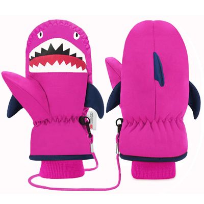 7-Mi Snow Gloves for Kids TPU Waterproof Thermal Fleece Warm Windproof Soft Cotton Anti-Lost Winter Snow Mitten for Children Boys Girls 4-6 Years Skiing & Snowboarding Outdoor Playing Rose Red