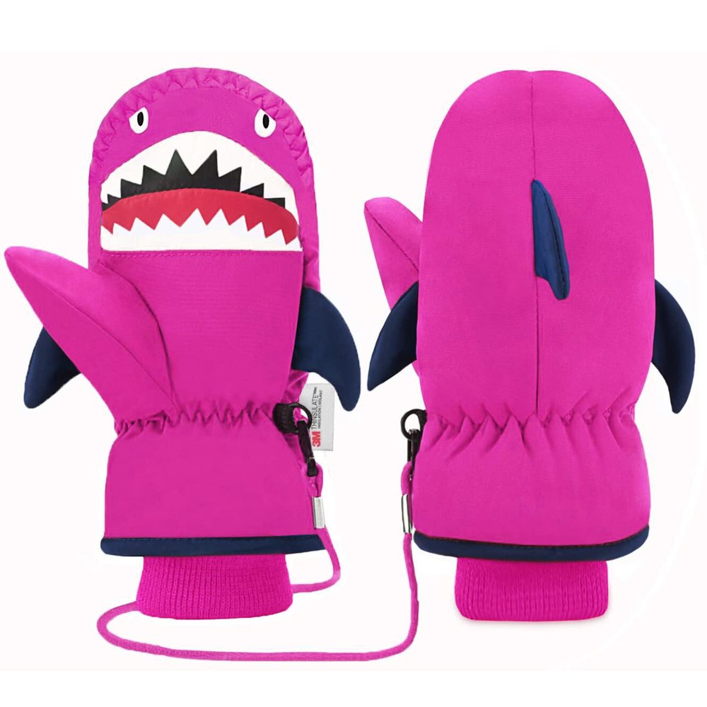 7-Mi Snow Gloves for Kids TPU Waterproof Thermal Fleece Warm Windproof Soft Cotton Anti-Lost Winter Snow Mitten for Children Boys Girls 4-6 Years Skiing & Snowboarding Outdoor Playing Rose Red