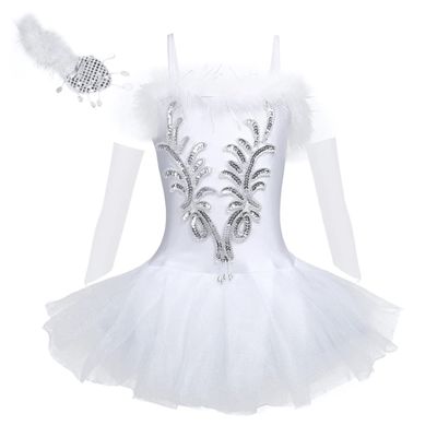 dPois Kids Girls Sequins Ballet Dance Tutu Dress Leotard Performance Swan Costume with Gloves Deluxe Set White 14-16