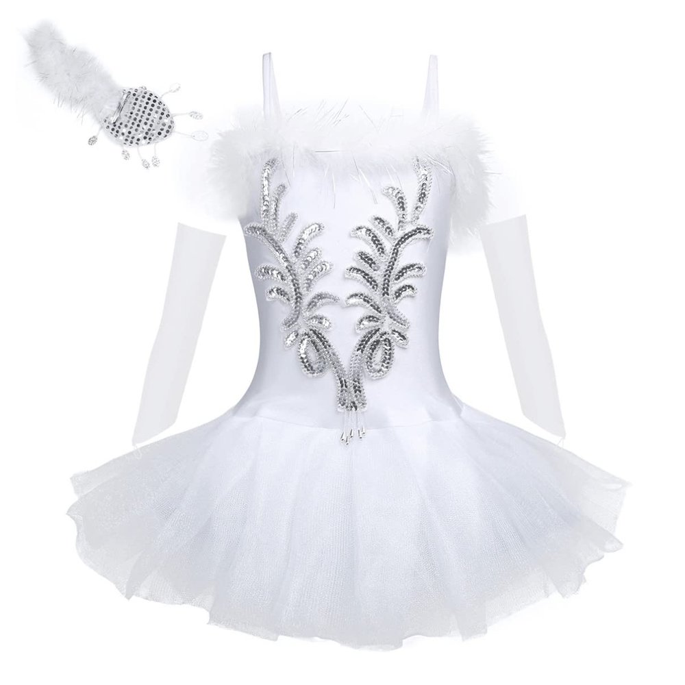 dPois Kids Girls Sequins Ballet Dance Tutu Dress Leotard Performance Swan Costume with Gloves Deluxe Set White 14-16