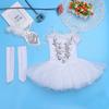 dPois Kids Girls Sequins Ballet Dance Tutu Dress Leotard Performance Swan Costume with Gloves Deluxe Set White 14-16 view 3