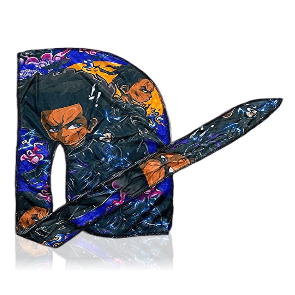 CROWN Art Silky Design Durag - Silky 360 Wave Du Rag with Long Tails and Quadruple Stitching - Smooth Silk Fabric for Comfort and Compression (Dark Boondocks) Large