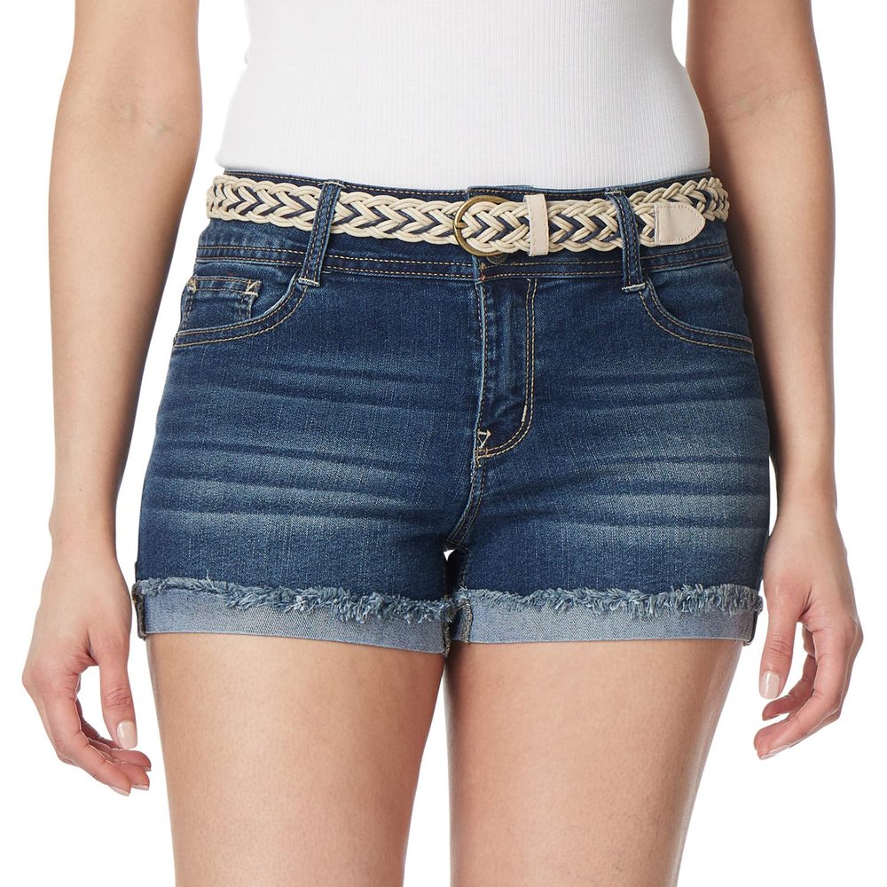 WallFlower Shorts for Women Luscious Curvy Belted Denim 3-Inch Mid-Rise Short- Alani Belted Short, 9