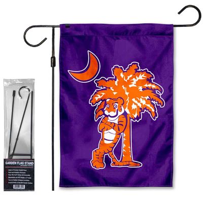 College Flags & Banners Co. Clemson Tigers Mascot and Palmetto Garden Flag and Flag Stand Holder Flagpole Set