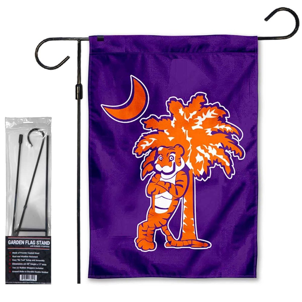 College Flags & Banners Co. Clemson Tigers Mascot and Palmetto Garden Flag and Flag Stand Holder Flagpole Set
