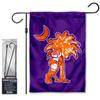 College Flags & Banners Co. Clemson Tigers Mascot and Palmetto Garden Flag and Flag Stand Holder Flagpole Set view 1