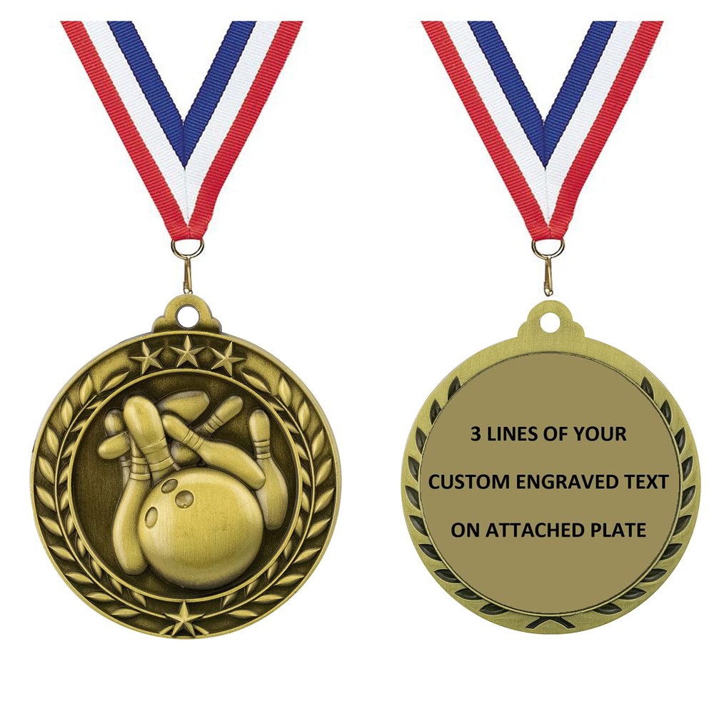 Express Medals Personalized Bowling Gold Medal with Red White & Blue Neck Ribbon Award Trophy WAM9 (10)