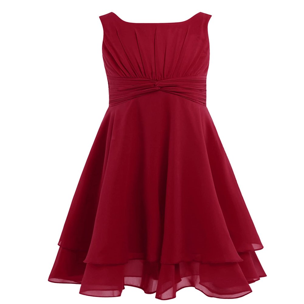 dPois Kids Little Big Girls Knotted High Waist Flower Girl Dress Wedding Juniors Bridesmaid Formal Party Ball Gowns Wine Red 8
