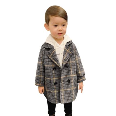 EnJoCho Kids Boys Coat Plaid Elegant Notched Collar Double Breasted Wool Blend Jacket Winter Trench Coat 12M-5Years (Gray-01, 3-4 Years)