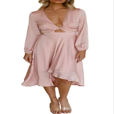 R.Vivimos Women's Cocktail Party Satin Dress Sexy Deep V-Neck Long Sleeve Tie Waist High Low Midi Dress (Small, Pink)