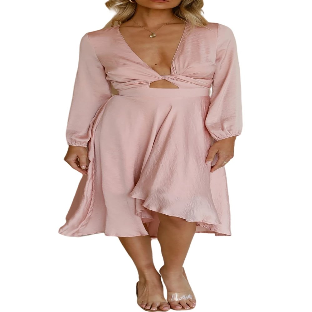 R.Vivimos Women's Cocktail Party Satin Dress Sexy Deep V-Neck Long Sleeve Tie Waist High Low Midi Dress (Small, Pink)