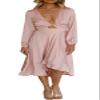 R.Vivimos Women's Cocktail Party Satin Dress Sexy Deep V-Neck Long Sleeve Tie Waist High Low Midi Dress (Small, Pink) view 1