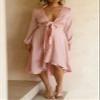 R.Vivimos Women's Cocktail Party Satin Dress Sexy Deep V-Neck Long Sleeve Tie Waist High Low Midi Dress (Small, Pink) view 2