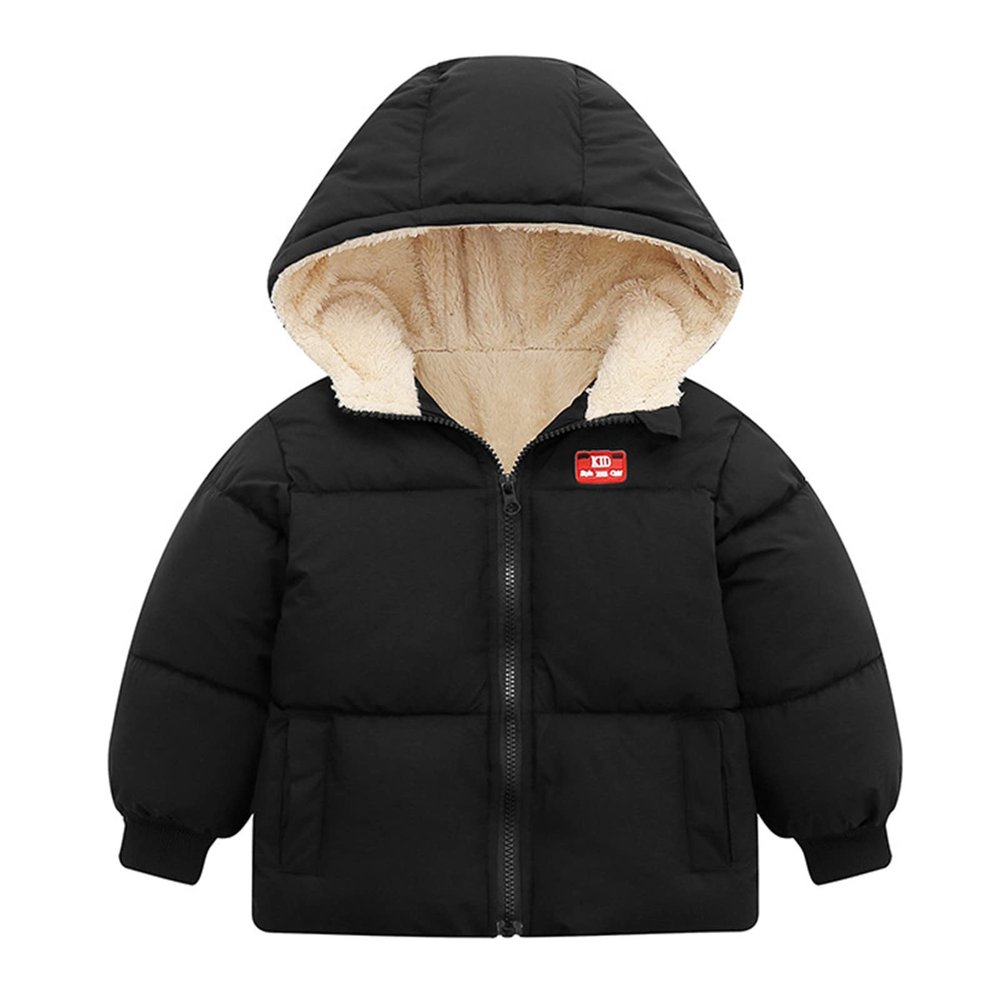POLG Toddler Boys Girls Down Snowsuit Coat Winter Warm Fleece Lined Padded Thicken Hooded Puffer Jacket Outerwear (Black, 12-18 Months)