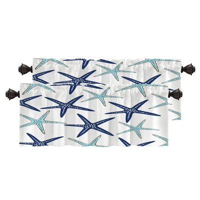 BaoNews Sky Blue Nautical Starfish Kitchen Valances for Windows,White Navy Sea Star Blackout Valances Curtains Multilayer Polyester Drapes for Kitchen Bedroom 2 Pack 52X16 Inches