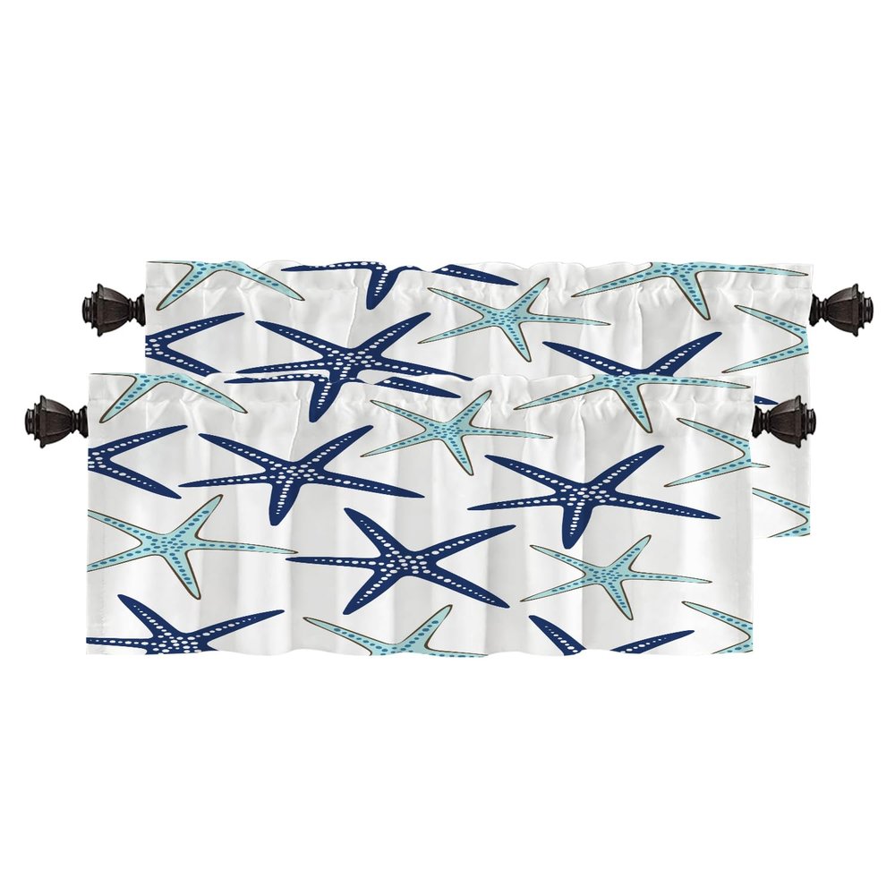 BaoNews Sky Blue Nautical Starfish Kitchen Valances for Windows,White Navy Sea Star Blackout Valances Curtains Multilayer Polyester Drapes for Kitchen Bedroom 2 Pack 52X16 Inches