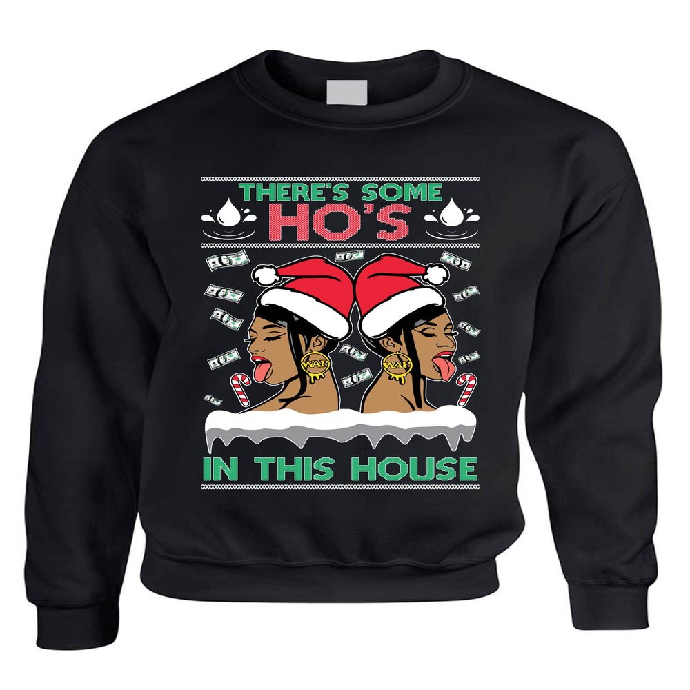 ALLNTRENDS There's Some Ho's In This House Sweater Funny Xmas Ugly Adult Crewneck Sweatshirt (S, Black)
