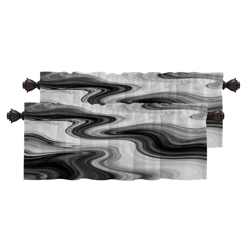 BaoNews White Abstract Marble Kitchen Valances for Windows,Black Art Stone Pattern Blackout Valances Curtains Multilayer Polyester Drapes for Kitchen Bedroom 2 Pack 52X16 Inches