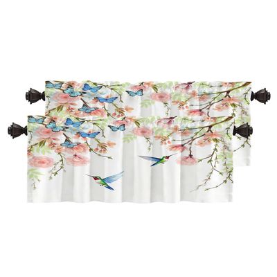 BaoNews Pink Japanese Flowers Birds Kitchen Valances for Windows,Blue White Style Cherry Blossoms Blackout Valances Curtains Multilayer Polyester Drapes for Kitchen Bedroom 2 Pack 52X16 Inches
