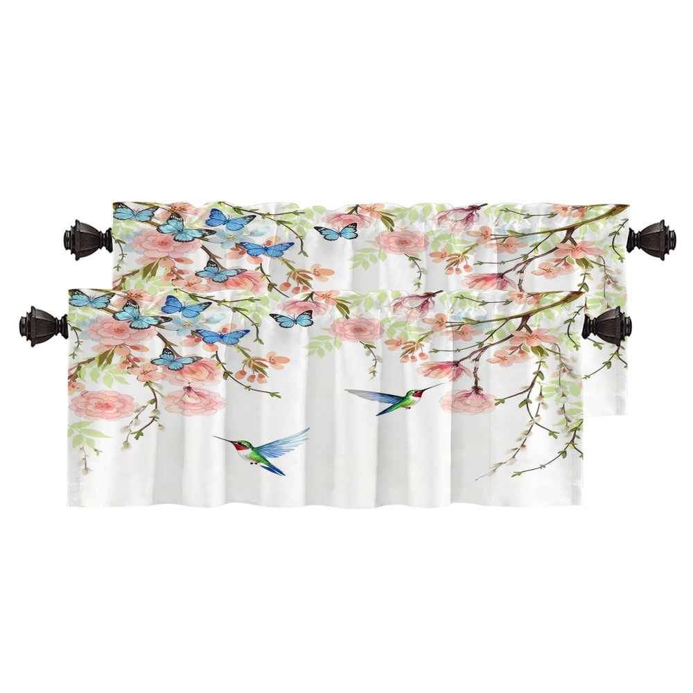 BaoNews Pink Japanese Flowers Birds Kitchen Valances for Windows,Blue White Style Cherry Blossoms Blackout Valances Curtains Multilayer Polyester Drapes for Kitchen Bedroom 2 Pack 52X16 Inches