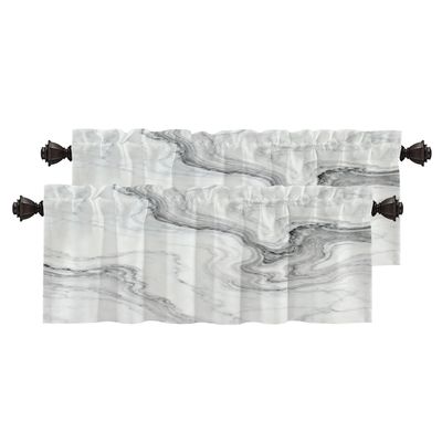 BaoNews White Gray Abstract Marble Kitchen Valances for Windows,Black Art Curvy Wave Blackout Valances Curtains Multilayer Polyester Drapes for Kitchen Bedroom 2 Pack 52X16 Inches