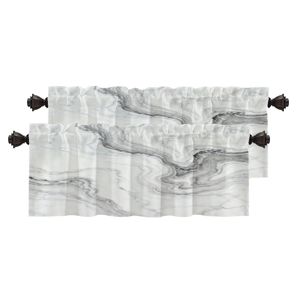 BaoNews White Gray Abstract Marble Kitchen Valances for Windows,Black Art Curvy Wave Blackout Valances Curtains Multilayer Polyester Drapes for Kitchen Bedroom 2 Pack 52X16 Inches
