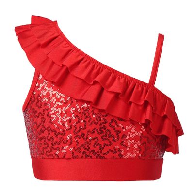 easyforever Kids Girls Shiny Metallic Sequin Color Camisole Tank Top Ballet Dance Stage Performance Tee Shirts a Red_Ruffle 14 Years