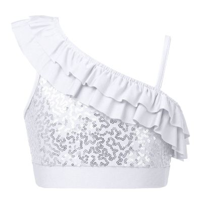 easyforever Kids Girls Shiny Metallic Sequin Color Camisole Tank Top Ballet Dance Stage Performance Tee Shirts a White_Ruffle 8 Years
