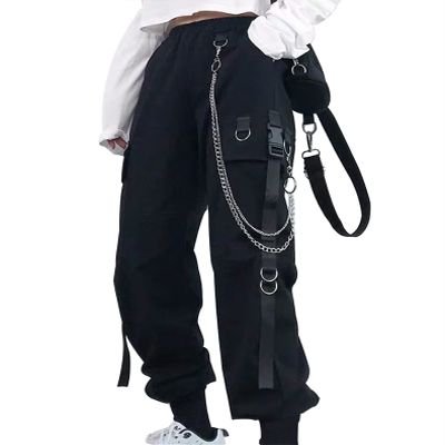 Kisswow Womens Black high Waisted Cargo Pants with Chain  Y2K Goth Techwear Baggy Joggers, Streetwear Punk Cargo Pants Women with Elastic Waist