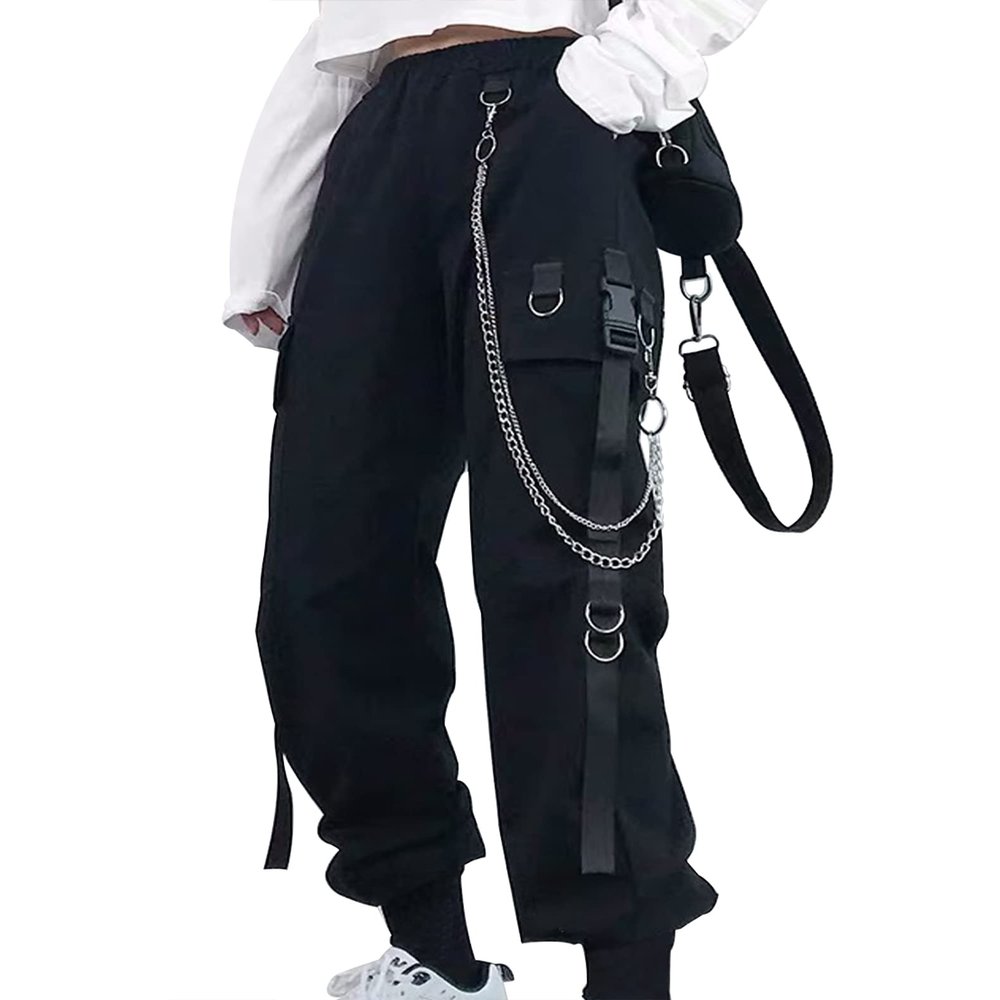 Kisswow Womens Black high Waisted Cargo Pants with Chain Y2K Goth Techwear Baggy Joggers, Streetwear Punk Cargo Pants Women with Elastic Waist
