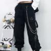 Kisswow Womens Black high Waisted Cargo Pants with Chain  Y2K Goth Techwear Baggy Joggers, Streetwear Punk Cargo Pants Women with Elastic Waist view 4