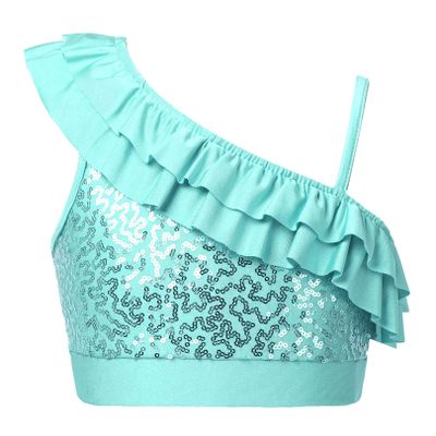 easyforever Kids Girls Shiny Metallic Sequin Color Camisole Tank Top Ballet Dance Stage Performance Tee Shirts a Mint Green_Ruffle 6 Years