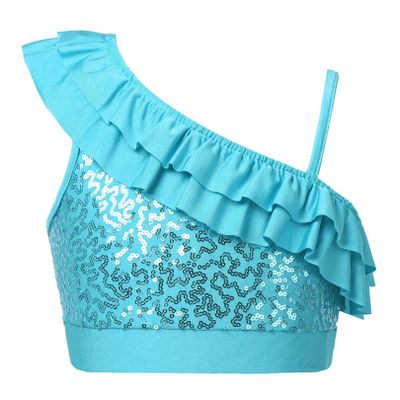 easyforever Kids Girls Shiny Metallic Sequin Color Camisole Tank Top Ballet Dance Stage Performance Tee Shirts a Blue_Ruffle 12 Years
