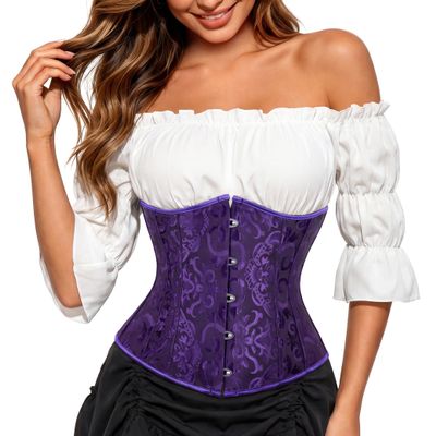 Kranchungel Corset Tops for Women: Gothic Corset Steampunk Renaissance Bustier for Halloween Costume Party, Club, Festival Outfits Adjustable Lace-Up Boned Waist Cincher X-Large Black Purple