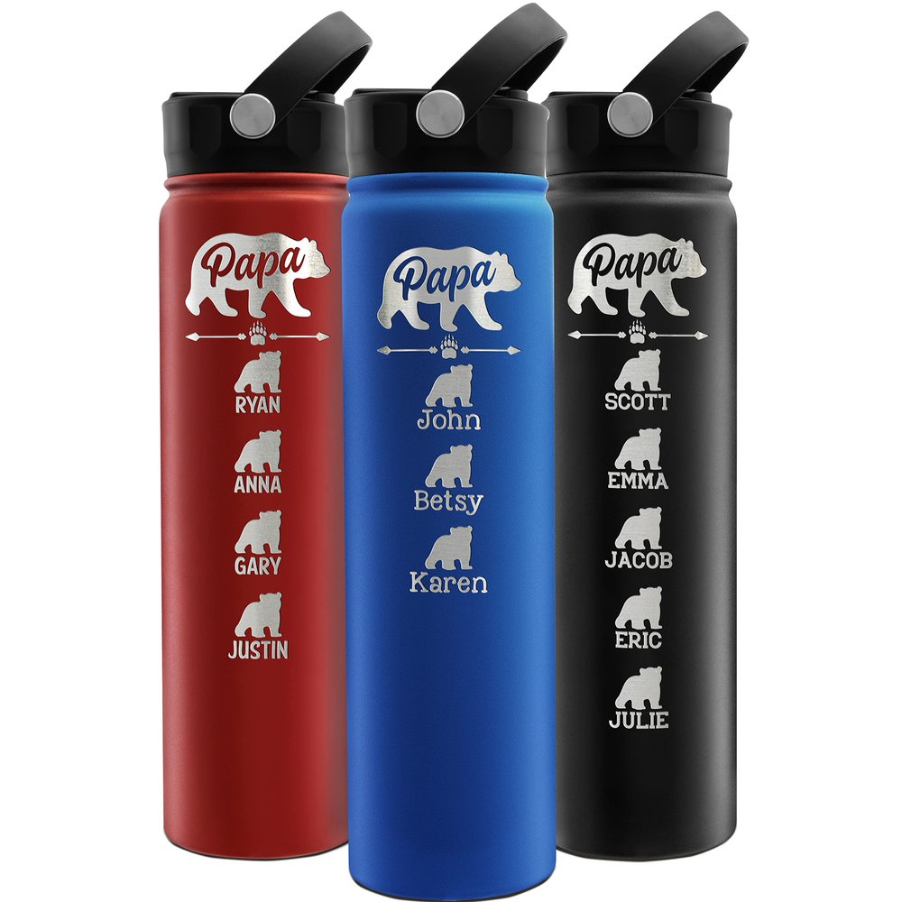 Amazing Items Gifts for Dad from Kids - Personalized Papa Bear Water Bottle w/Cubs Names, 24 oz - Up to 6 Cubs, 14 Font Options - Gifts for Dad from Daughter, Son - Birthday Gifts Dad, Grandpa