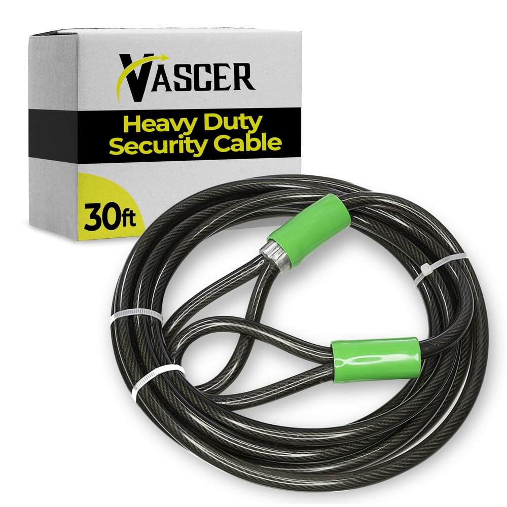 Vascer Heavy Duty Security Cable with Loops - 30 Feet (3/8") Bike Cable Lock Cut Resistant with Braided Steel and Vinyl Coating -Security Chain Lock for Bicycle, Boat, Ladder, Gate, Mower & Equipment