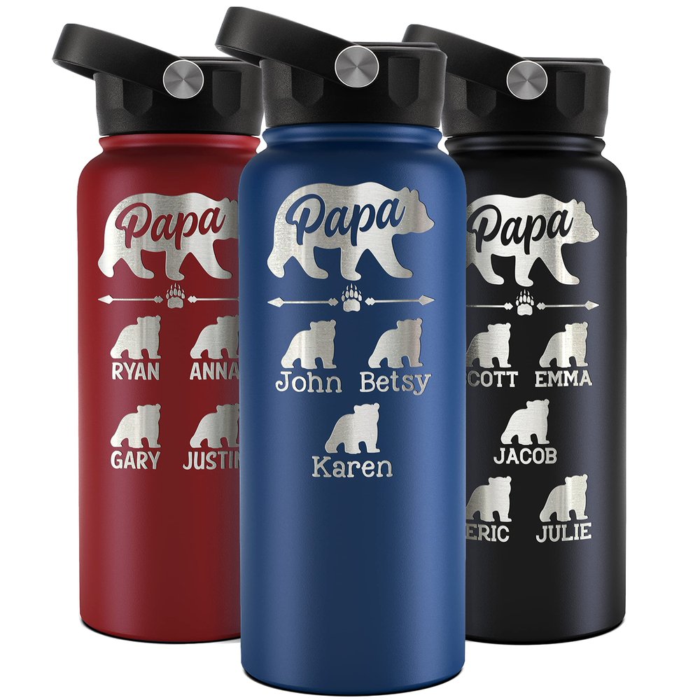 Amazing Items Papa Bear Personalized Cubs Names 32 oz Insulated Sports Water Bottle - Up to 6 Cubs, 14 Font Options - Gifts for Dad from Daughter, Son - Birthday Gifts Dad, Grandpa