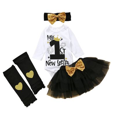 XFGLCK Newborn Baby Girls New Year Outfit Long Sleeve Romper+ Black Mesh Tulle Tutu Skirt +Legging Warms Set (MY 1st NEW YEAR, 3-6 Months)