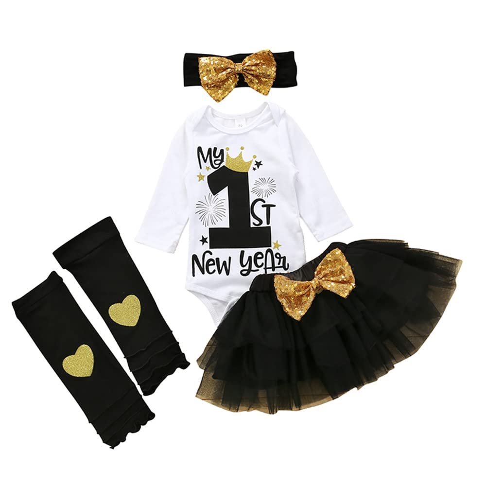 XFGLCK Newborn Baby Girls New Year Outfit Long Sleeve Romper+ Black Mesh Tulle Tutu Skirt +Legging Warms Set (MY 1st NEW YEAR, 3-6 Months)